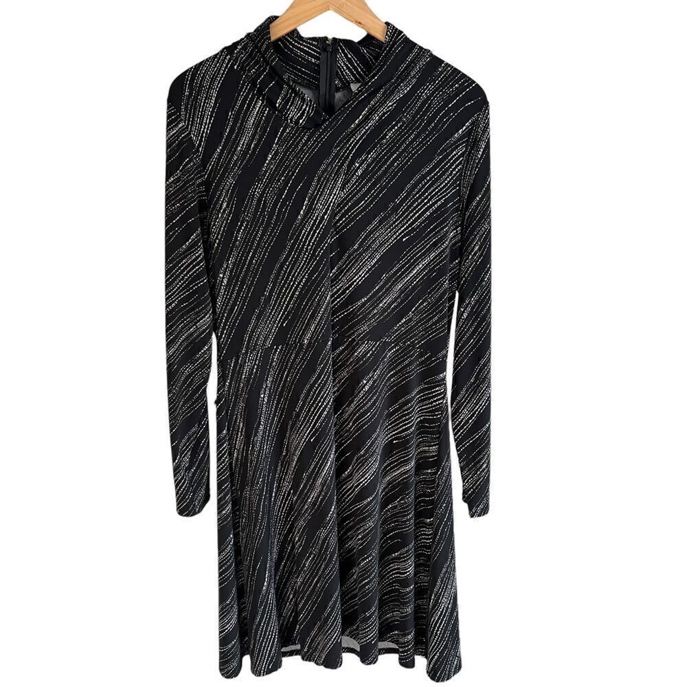 H by Halston Jersey Knit Swing Dress size Medium Black/Gray Long Sleeve Stretch